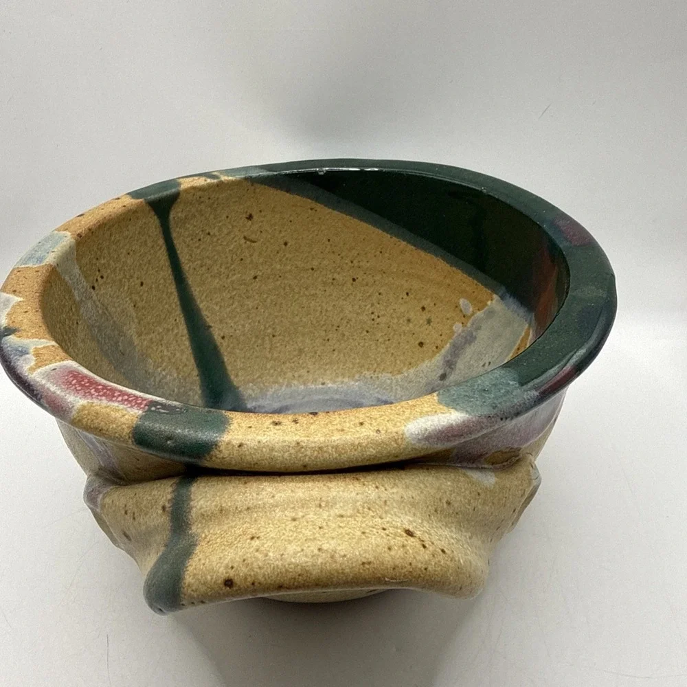 Ayers Pottery  Bread Baker Drip Glaze Handles Artist Signed 2013 4x7